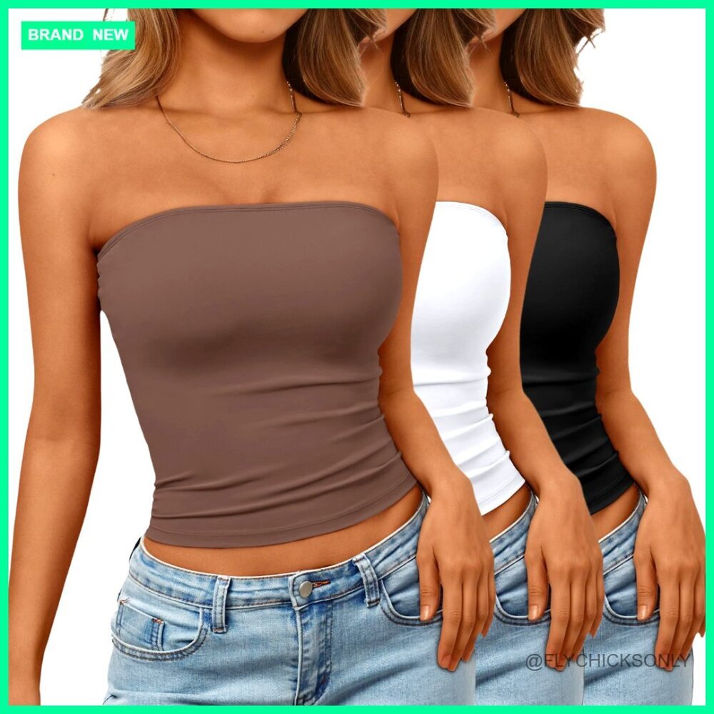 3 Pack Strapless Bandeau Crop Tops, Backless Summer Tube Tops